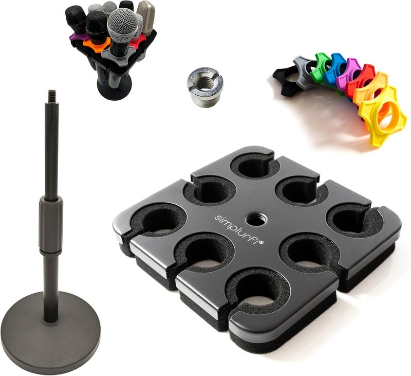 Simplurfi Multi Microphone Holder with desktop Mic Stand - Square Tray Attachment holds up to 8 mics On Stage Organizer and Display - 8 Anti-roll Rings Included - Image 1